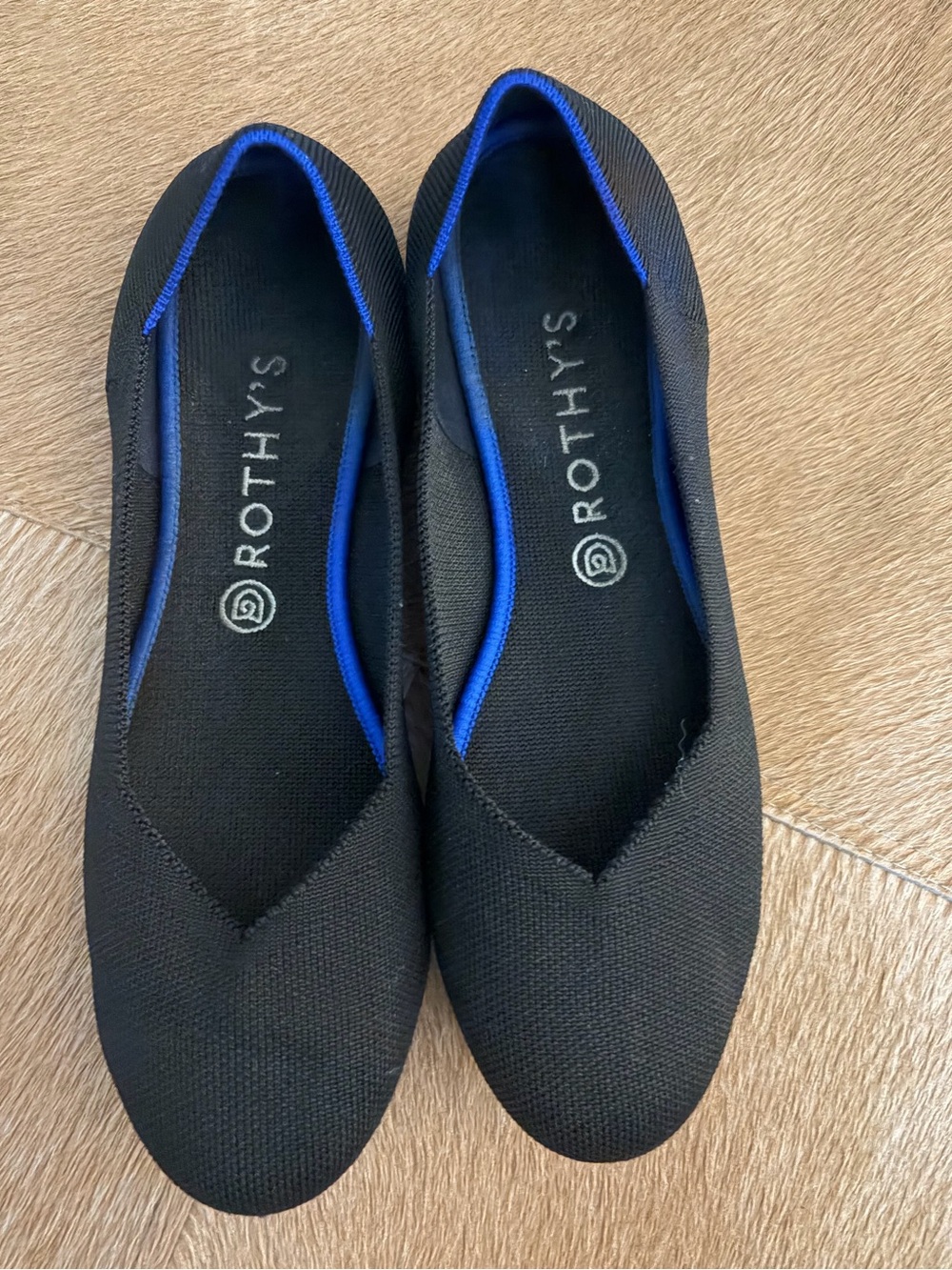 Rothy's Black Flats with Blue Interior Trim